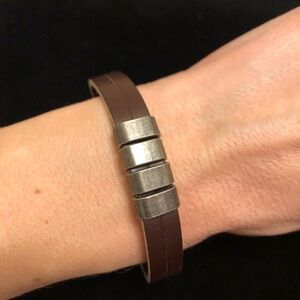 Brown Leather Style Bracelet with Distressed Silver Tone Accents